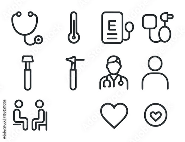 Fototapeta Medical Tools Outline Icons. Outline icon set of patient examination: stethoscope, thermometer, blood pressure