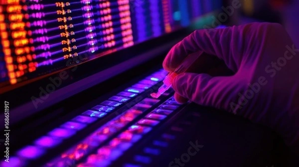 Fototapeta Gloved Hand Using Specialized Tool on Glowing Keyboard with Data Screen