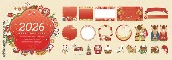 Obraz 日本のお正月素材セット2026午年バージョン_和風モダンな年賀状、広告フレーム、アイコンなど