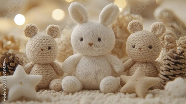 Fototapeta Cute Knitted Rabbit and Bears with Cozy Bokeh Lights and Winter Decor