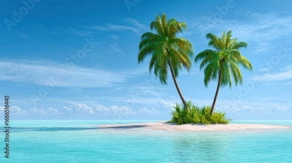 Fototapeta The serene tropical island with swaying palm trees under a bright blue sky