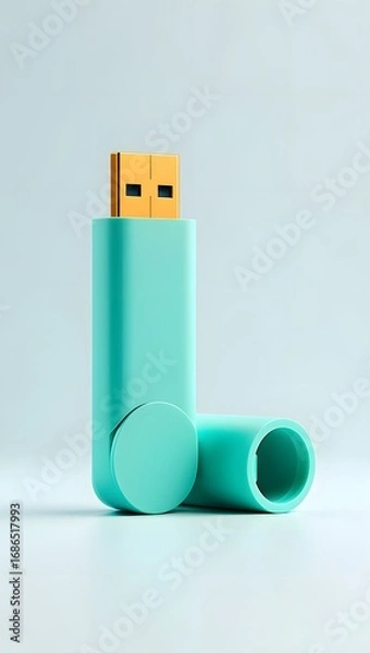 Fototapeta A turquoise usb drive with its cap off on a light blue background close up shot 90 char