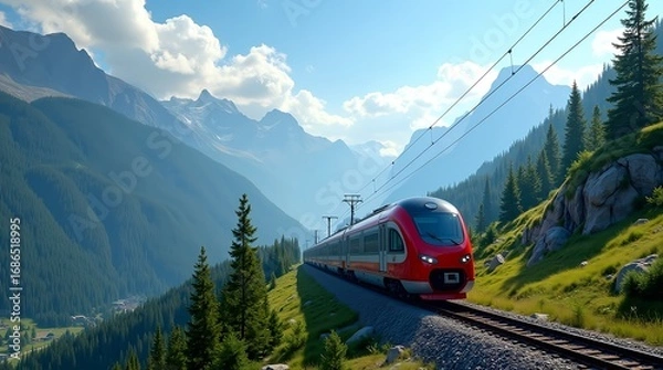 Obraz A sleek modern train racing through alpine mountains, sharp curves, tunnels, and lush valleys, sunlight highlighting the metallic surface, conveying speed, engineering, and travel