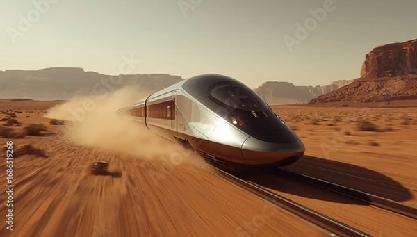 Obraz High-tech futuristic train traveling across Mars desert, glossy metallic aerodynamic body reflecting sunlight, detailed dust clouds rising, red rocky mountains in background