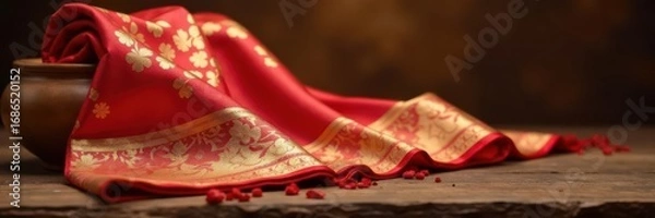 Fototapeta Luxurious Banarasi sari, gold & red, displayed on wooden stand, fabric, sari