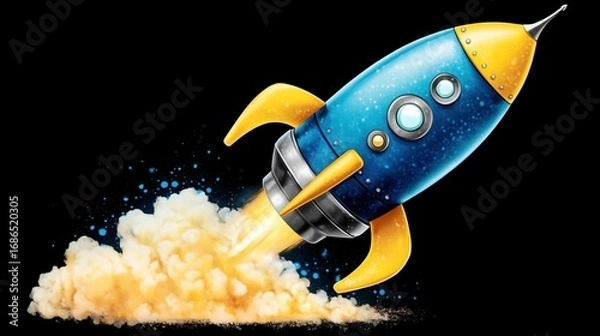 Obraz Dynamic Blue Rocket Launching into the Dark Space with Bright Orange Flames and Smoke Effect
