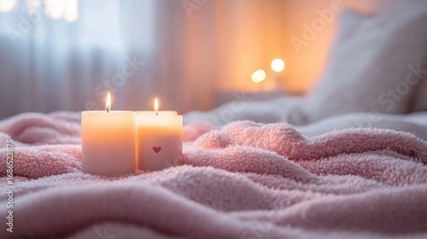 Fototapeta Warm Glow of Candles on a Soft Pink Blanket in a Cozy Bedroom Setting