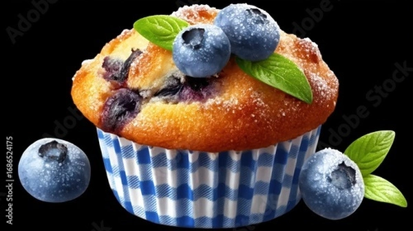 Obraz Delicious Blueberry Muffin Topped with Fresh Berries and Mint Leaves on a Black Background

