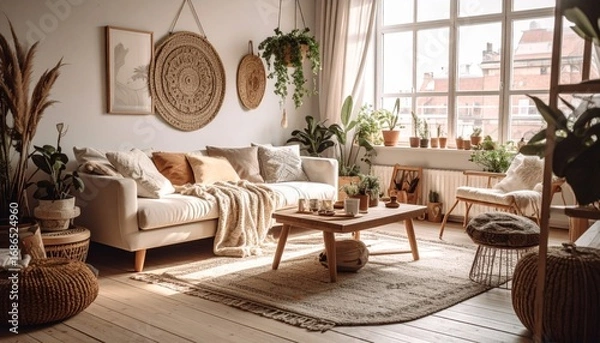 Fototapeta Cozy and Warm Living Room with Natural Decor and Green Plants