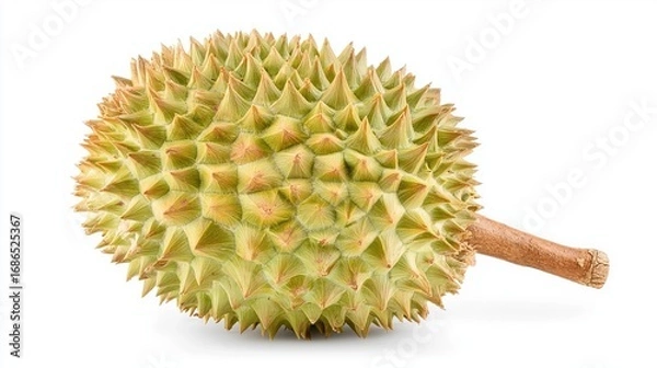 Obraz Spiky Durian Fruit Resting on a White Background with a Hint of Exotic Flair
