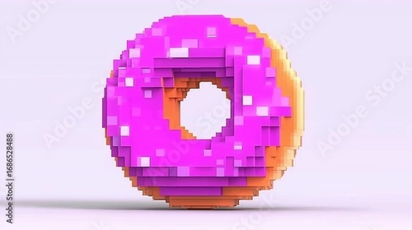 Obraz Colorful Pixelated Donut with Pink Frosting on a Minimalist Background
