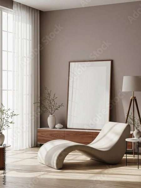 Obraz Mockup poster frame in minimalist living room interior with sculptural lounge chair, wooden sideboard, ceramic vases, and soft natural lighting - modern Scandinavian home decor concept