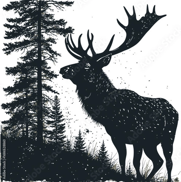 Fototapeta Majestic bull moose silhouetted against a textured background with pine trees