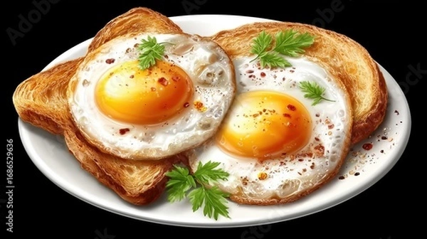 Obraz Delicious Fried Eggs on Toast with Fresh Parsley and Spices on a White Plate
