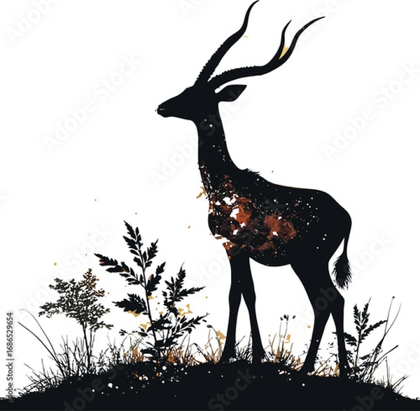 Fototapeta Silhouette of an antelope standing against a large moon and colorful sky