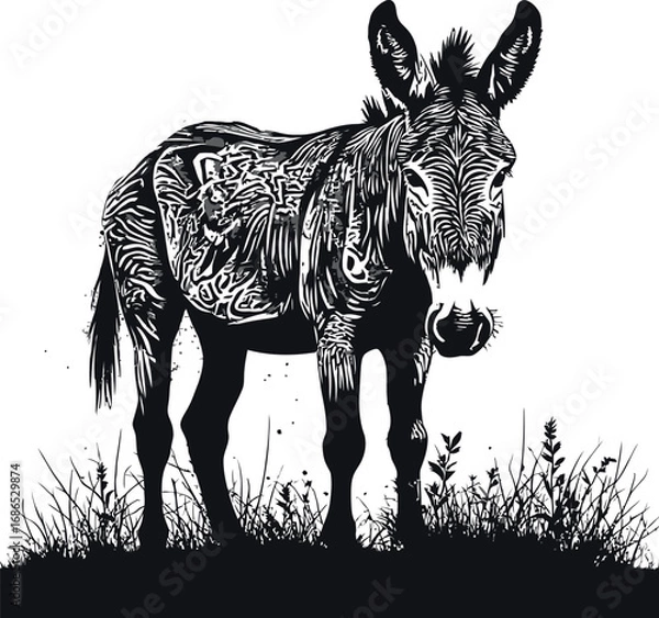 Fototapeta Stylized donkey standing in grassy field with abstract elements