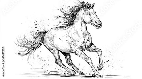 Obraz Majestic Galloping Horse with Flowing Mane in a Dynamic Ink Sketch Style
