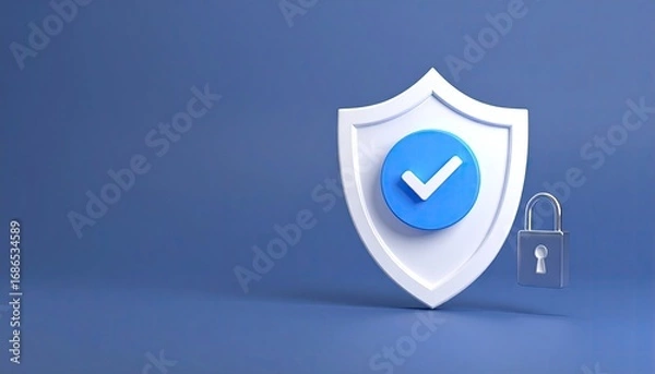 Fototapeta Secure Payment Concept: White Shield with Check Mark and Padlock on Blue Gradient Background