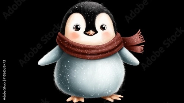 Obraz Cute Penguin Wearing a Red Scarf with Snowflakes Under a Black Background
