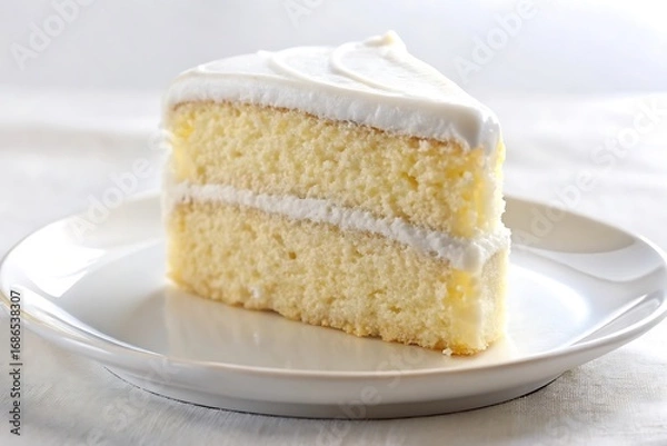 Fototapeta Slice of white cake with a white frosting on a white plate