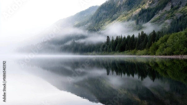 Fototapeta Landscape photograph of a mountain lake. the lake is calm and still, reflecting the trees and mountains in its surface. the mountains are covered in green trees and the sky is overcast.
