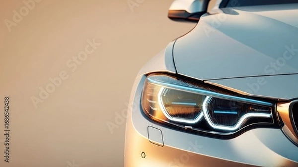 Fototapeta The elegant silver car with striking headlights against a soft backdrop