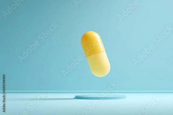 Obraz A yellow capsule levitates above a small, pale blue platform against a light blue background