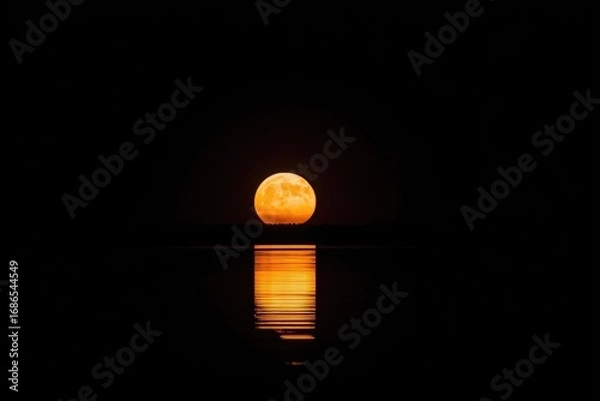 Obraz Large orange moon rising over still water, reflecting on the surface