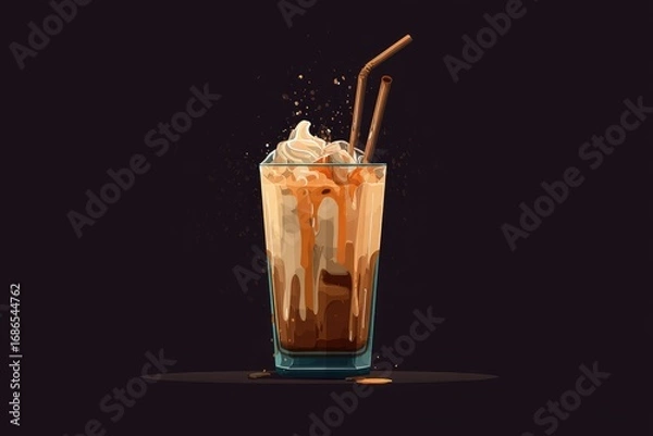 Obraz Iced coffee drink with whipped cream and caramel drizzle in a glass
