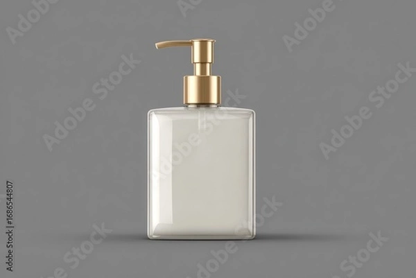 Obraz Square bottle with a gold pump dispenser, on a grey background