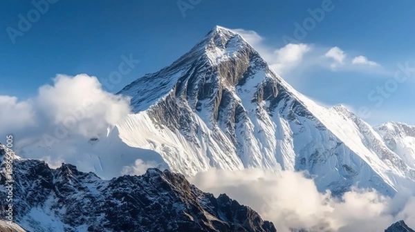 Obraz Majestic Snow-Capped Mountain Peaks Rising Above Ethereal Clouds in a Clear Blue Sky

