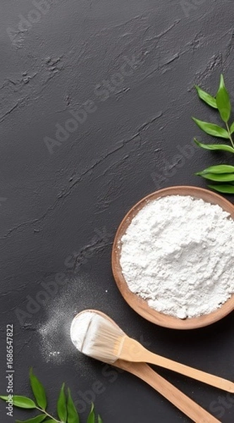 Obraz Natural White Flour Poured from Wooden Spoon into Bowl Surrounded by Fresh Green Leaves on Dark Surface
