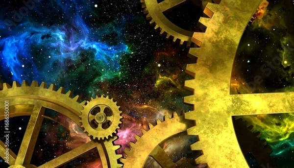 Fototapeta Golden gears mesh against a starry cosmic nebula