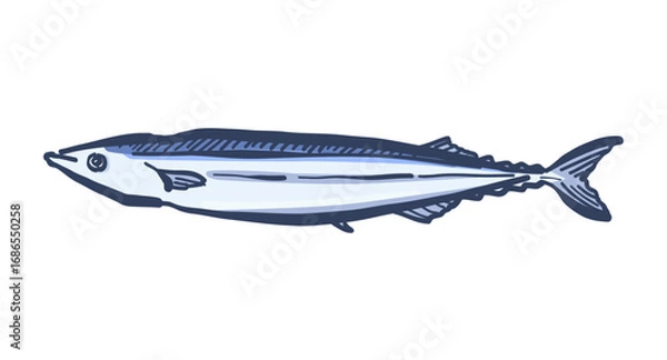 Fototapeta 筆で描いた秋刀魚の絵。秋の味覚、サンマのイラスト。新鮮な魚、さんま。A brush-drawn picture of a Pacific saury. An illustration of the autumn delicacy, Pacific saury. Fresh fish, Pacific saury.