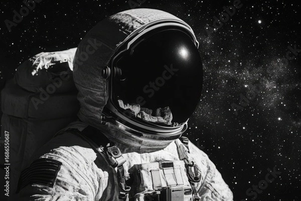 Fototapeta Black and white portrait of an astronaut in a suit against a starry sky space helmet