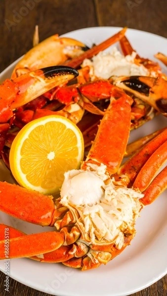 Obraz Steamed crab legs and lemon wedge