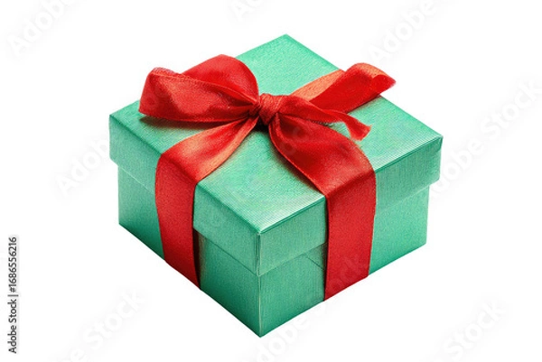 Fototapeta A mint green gift box, adorned with a vibrant red ribbon and bow, sits isolated against a black background.  It's a square box, displaying a smooth, slightly glossy surface