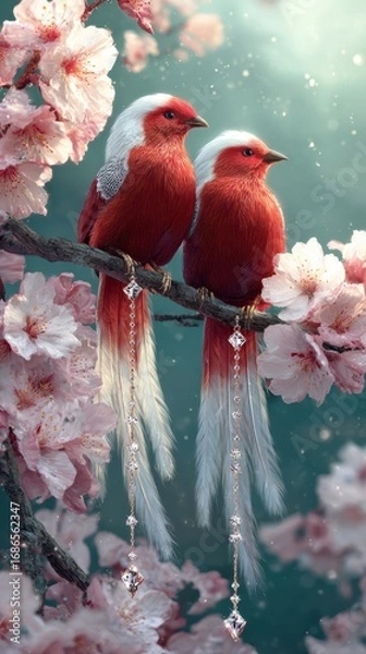 Fototapeta Two vibrant red birds perched closely together, surrounded by soft pink blossoms, symbolizing love and harmony, serene nature scene.
