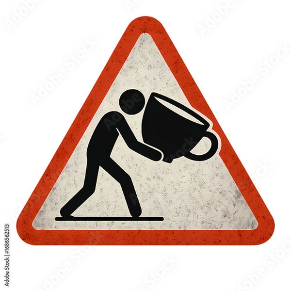 Obraz Warning sign depicts person struggling with oversized coffee cup, humorously representing caffeine overload or work stress