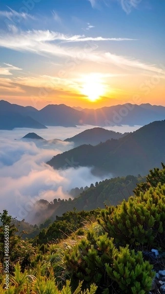 Obraz Sunrise over misty mountain range (1)