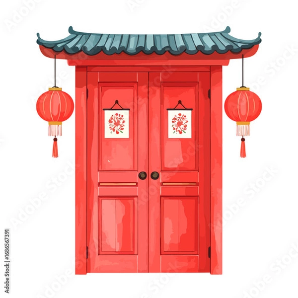 Fototapeta Red Chinese door with lanterns and traditional architecture.