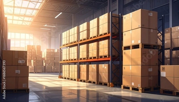 Fototapeta Bright and Spacious Warehouse with Stacked Cardboard Boxes