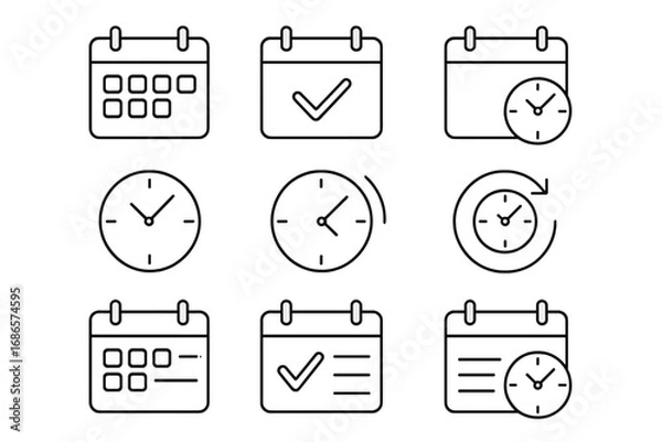 Obraz Calendar and clock linear icon set. Schedule and time management concepts. Vector outline symbols for agenda, date, deadline, appointment, and planning. Minimalist pictogram.