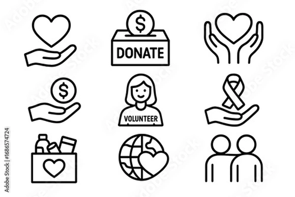 Fototapeta Charity and donation line icon set. Giving, support, volunteer concepts. Vector collection for fundraising, non-profit, and humanitarian aid. Awareness and community care symbols.