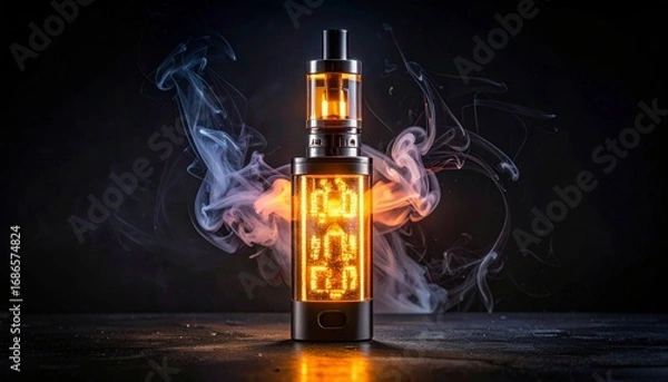 Obraz Stylish vape device with colorful lights and smoke effects on black