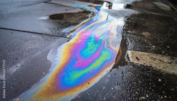 Obraz Colorful Oil Spill Reflection on Wet Sidewalk with Urban Background
