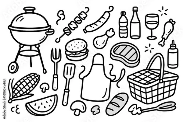 Fototapeta Doodle style barbecue and picnic essentials set. Hand drawn vector cartoon illustration of grill, food, and cooking elements like steak, sausage, and burger for summer party.