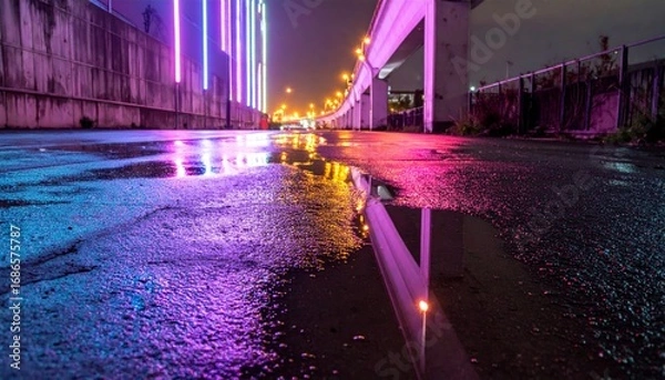 Obraz Vibrant Urban Night Scene with Neon Lights and Wet Pavement Reflection