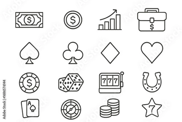 Obraz Finance and casino outline icon set. Money and gambling symbols line collection. Vector icons for business, investment, risk, and luck concepts. Poker, slot machine, dice icons.