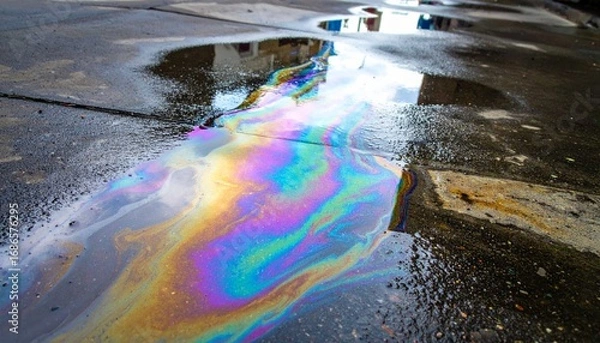 Obraz Colorful Oil Slick Reflection on Wet Pavement After Rain